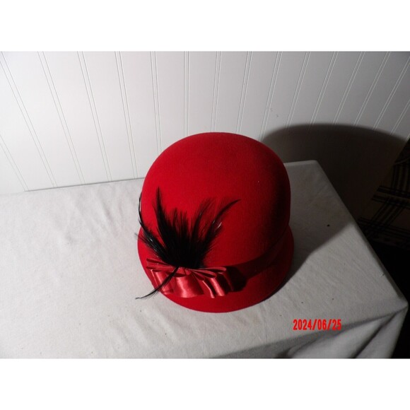 Sur la tete Red 100% Wool Cloche Hat with Black Feather & Wide Red Ribbon‎ main image 2